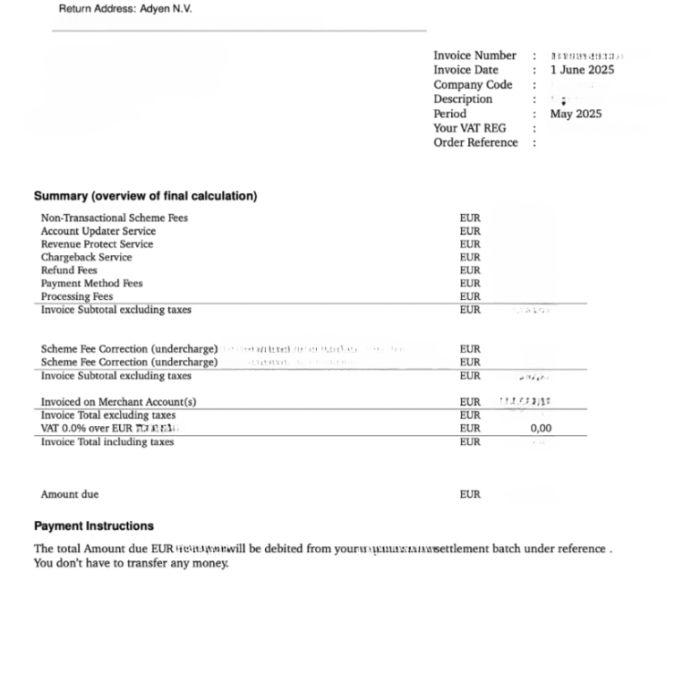 The picture shows an anonymized Adyen invoice.