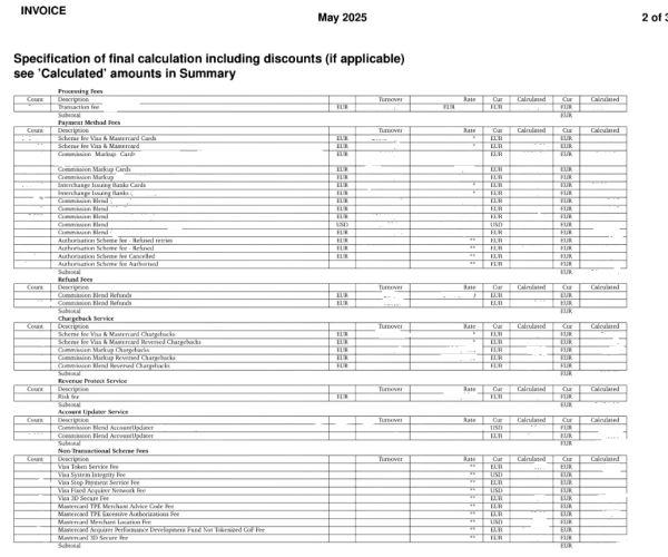 The picture shows an anonymized payment service provider invoice.